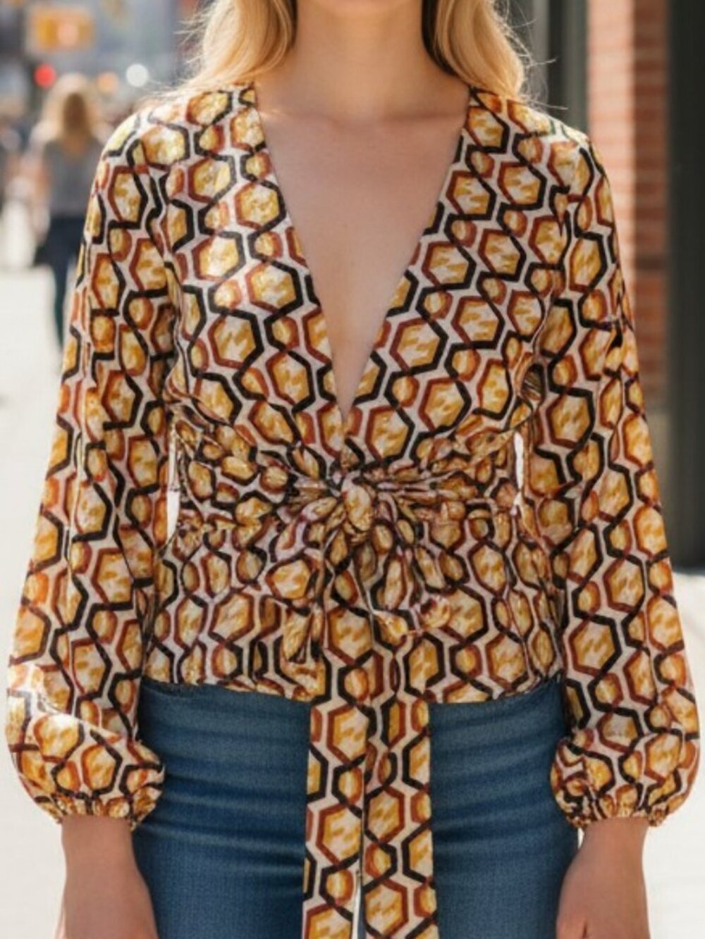 Forever 21 print top Womens Extra Small black gold rust open front back party